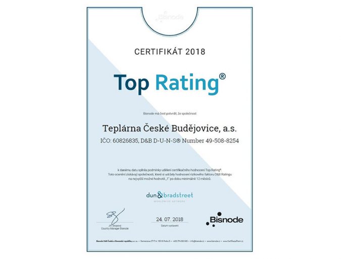 Teplárně bylo uděleno exkluzivní mezinárodně uznávané hodnocení Top Rating